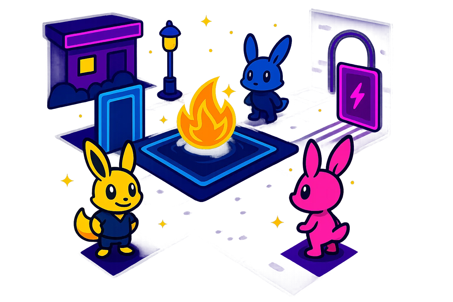 Colorful plaza with players